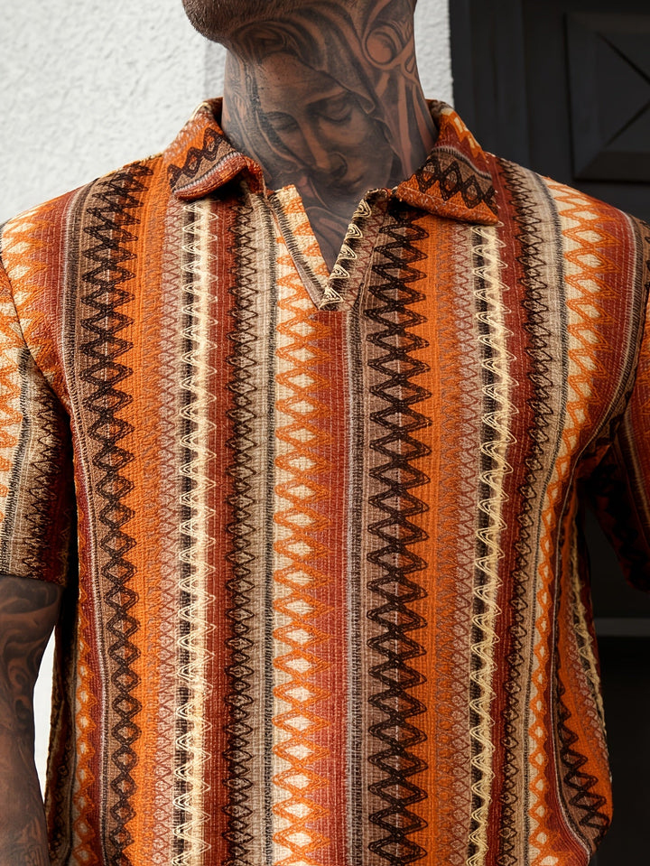 Close-up of the polo collar and button placket on the shirt