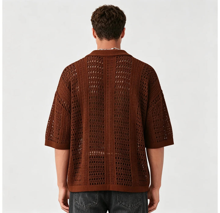 Men's Open-Weave Knit Polo Shirt Lightweight Breathable