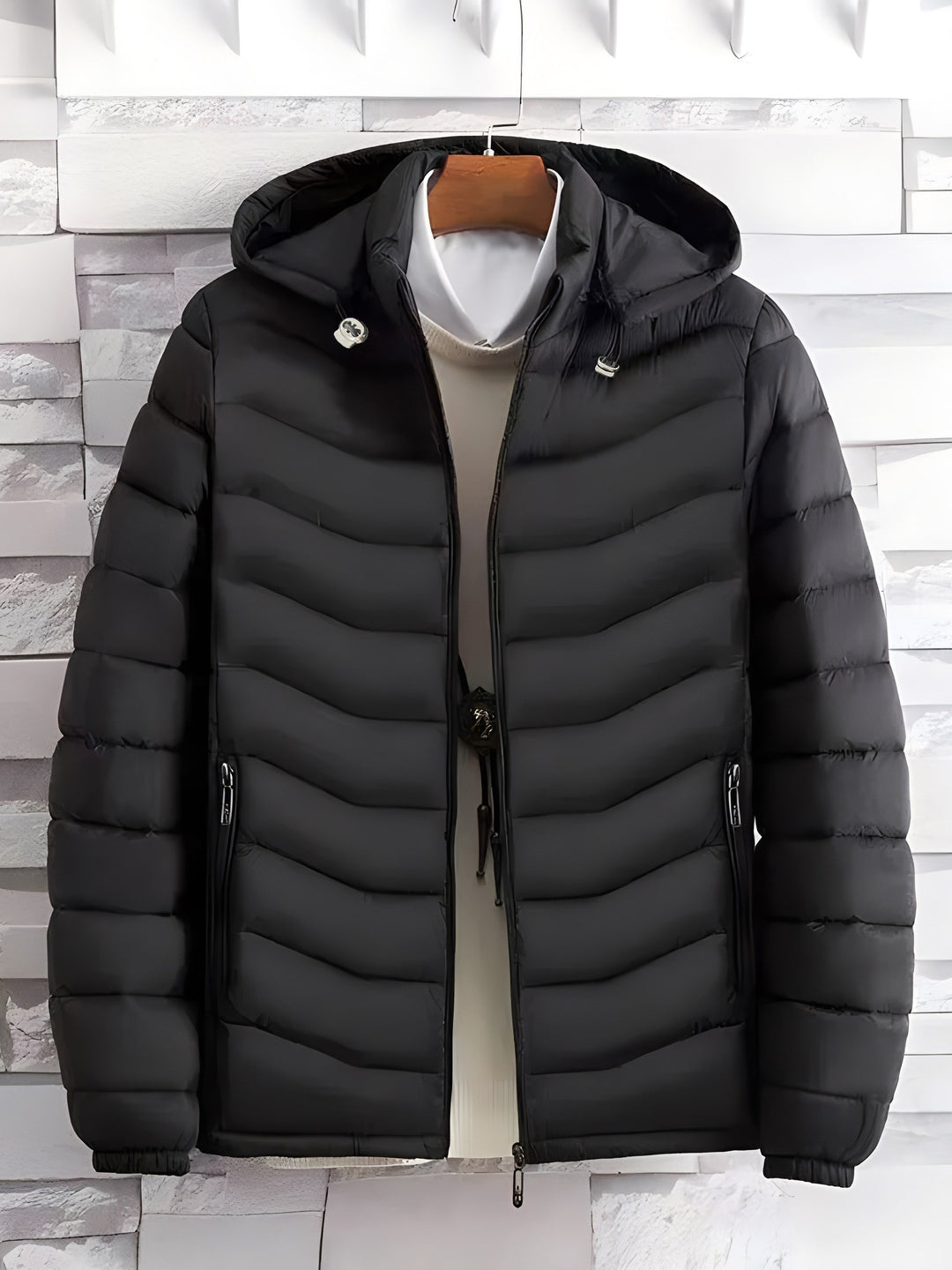 Men's hooded jacket showing the quilted front