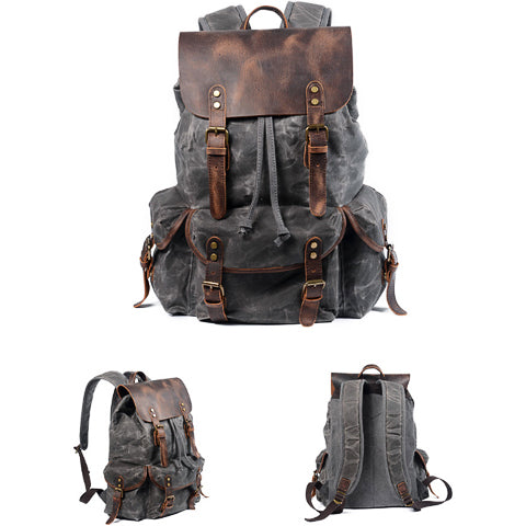 Waxed Canvas Leather Adventurer Backpack Brown