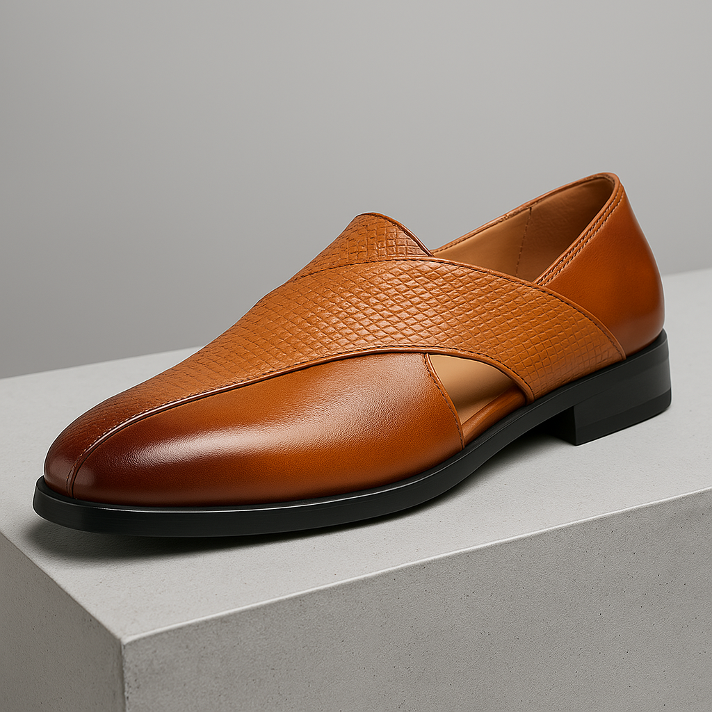 Side view of men's brown leather woven cross-strap loafers