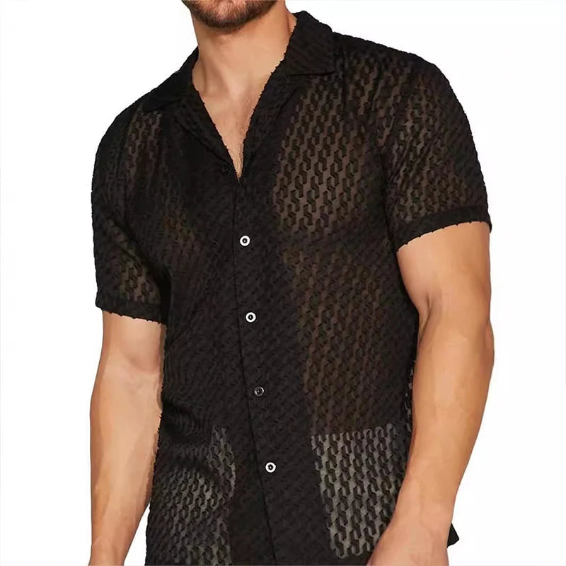 Men's Mesh Lace Short-Sleeve Button-Down Shirt Black Slim Fit