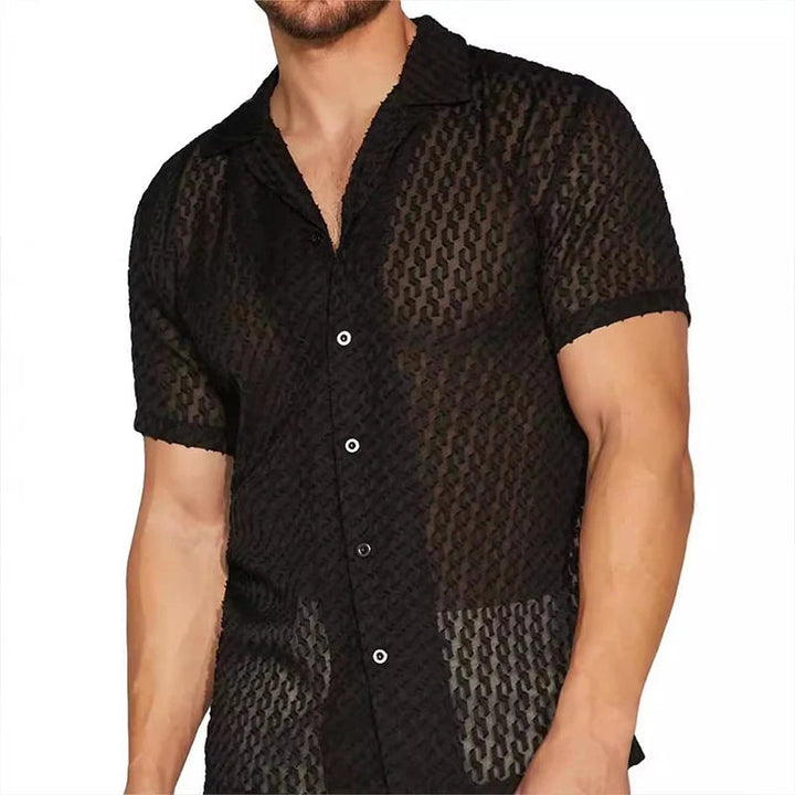 Men's Mesh Lace Short-Sleeve Button-Down Shirt Black Slim Fit