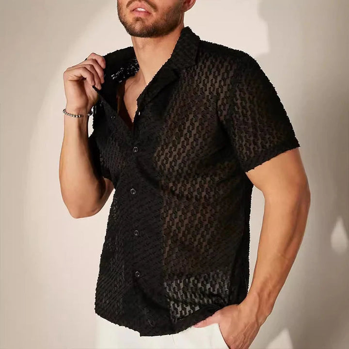 Men's Mesh Lace Short-Sleeve Button-Down Shirt Black Slim Fit
