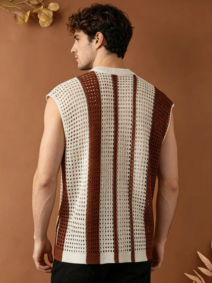 Men's Hollow Out Striped Knit Vest Loose Fit Sleeveless Sweater