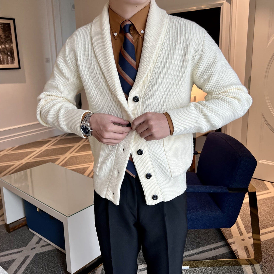 Men's V-neck slim-fit winter cardigan shown from the front