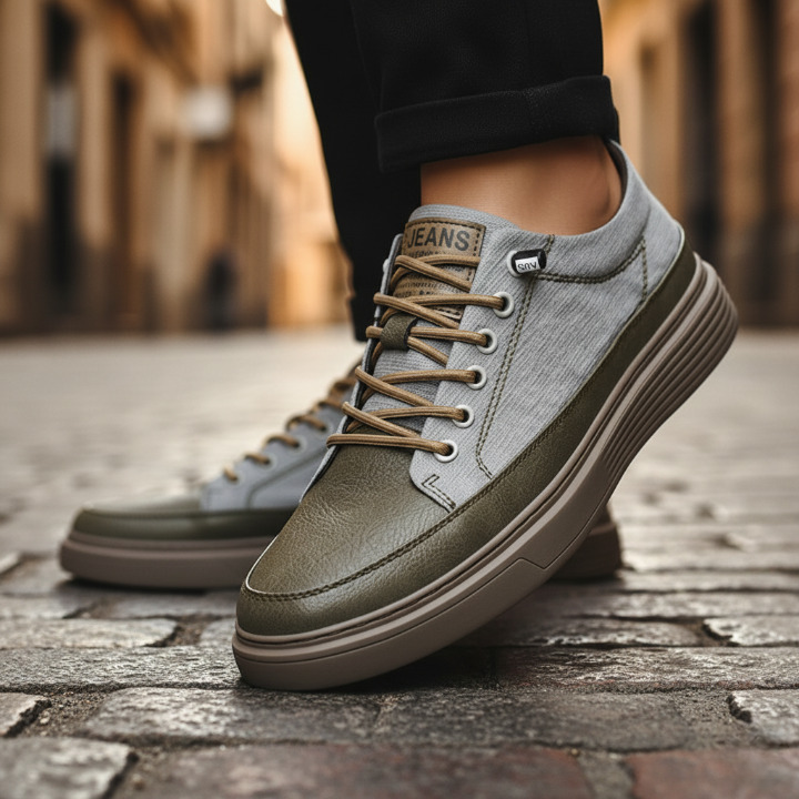 Men's leather trainers showing the sole and tread