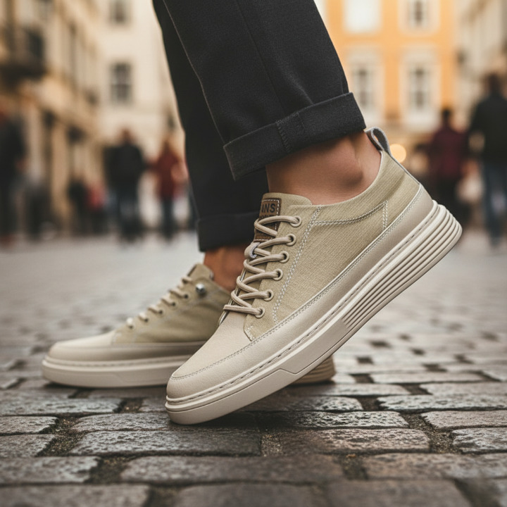 Smooth leather trainers displayed as a pair