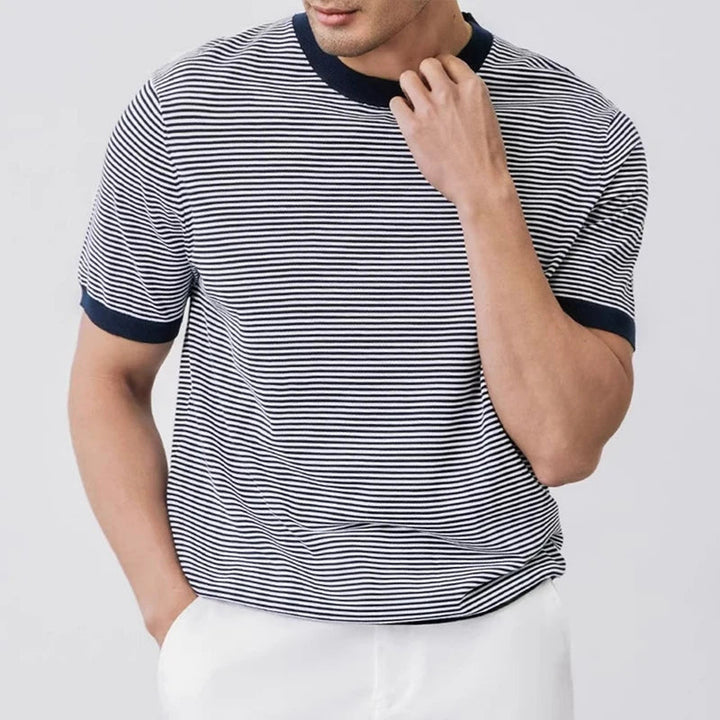 Men Striped Knit Slim-Fit T Shirt Navy Blue Green