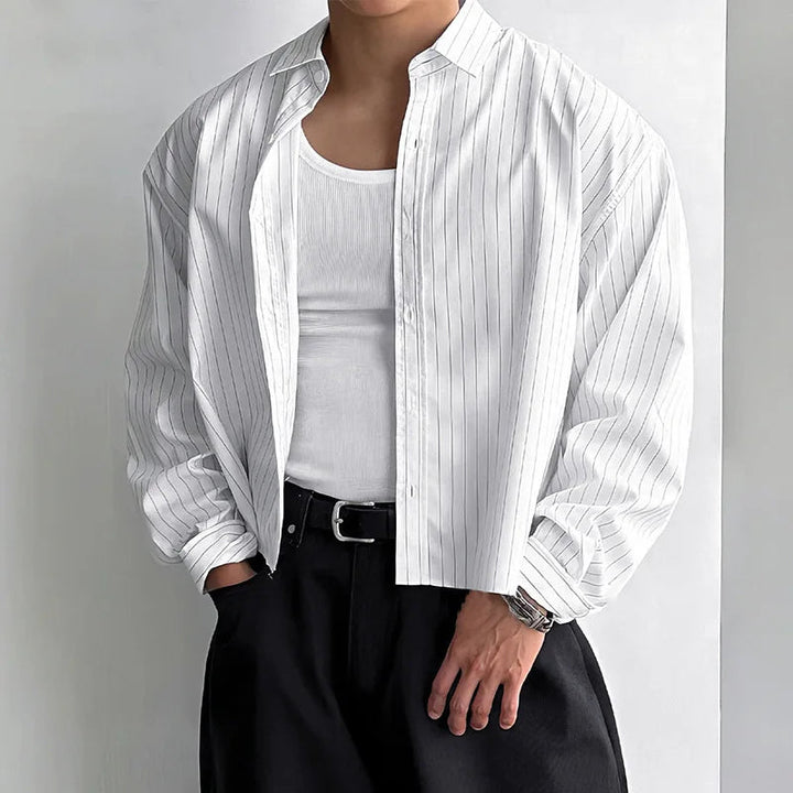 Men's Striped Breathable Loose Fit Long Sleeve Shirt White