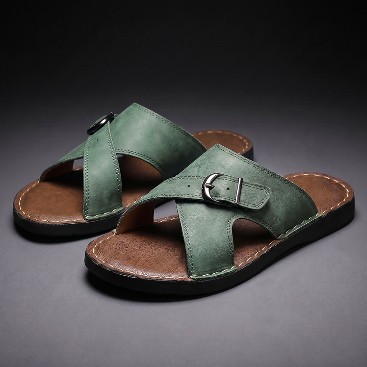 Pair of men's sandals with adjustable buckle and open-toe design