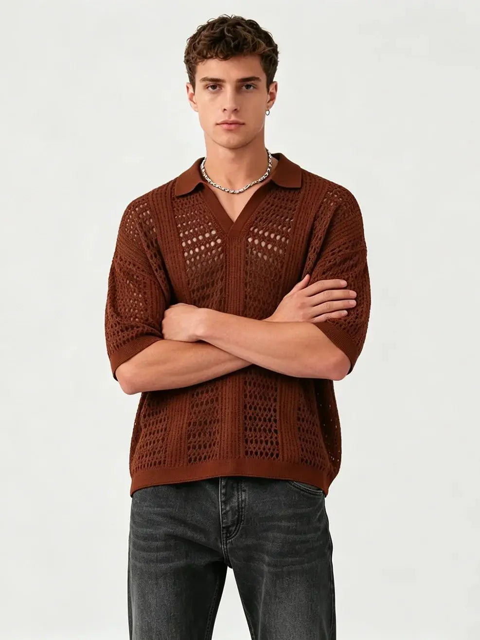 Men's Open-Weave Knit Polo Shirt Lightweight Breathable