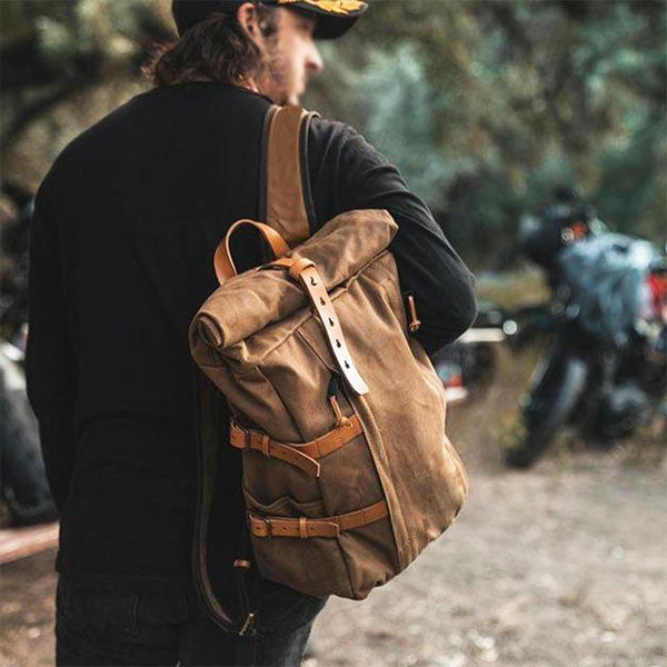 Canvas Roll-Top Vintage Motorcycle Backpack Mens
