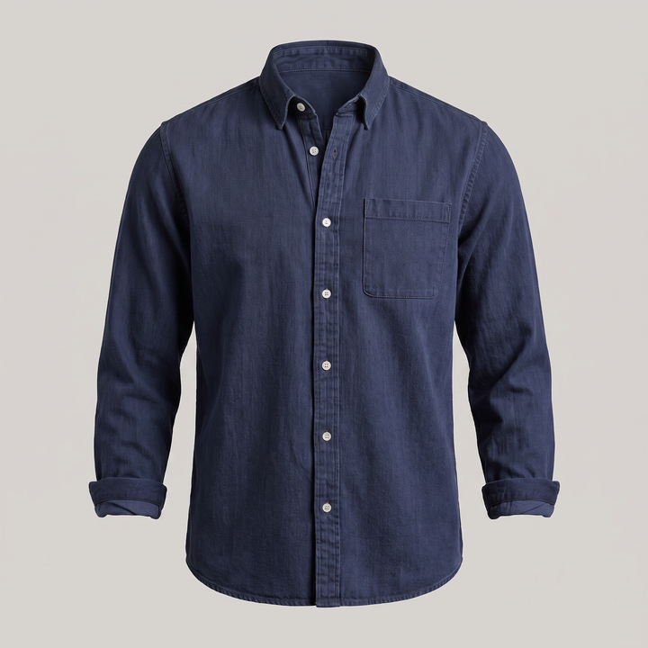 Close-up of the lightweight denim fabric and shirt collar