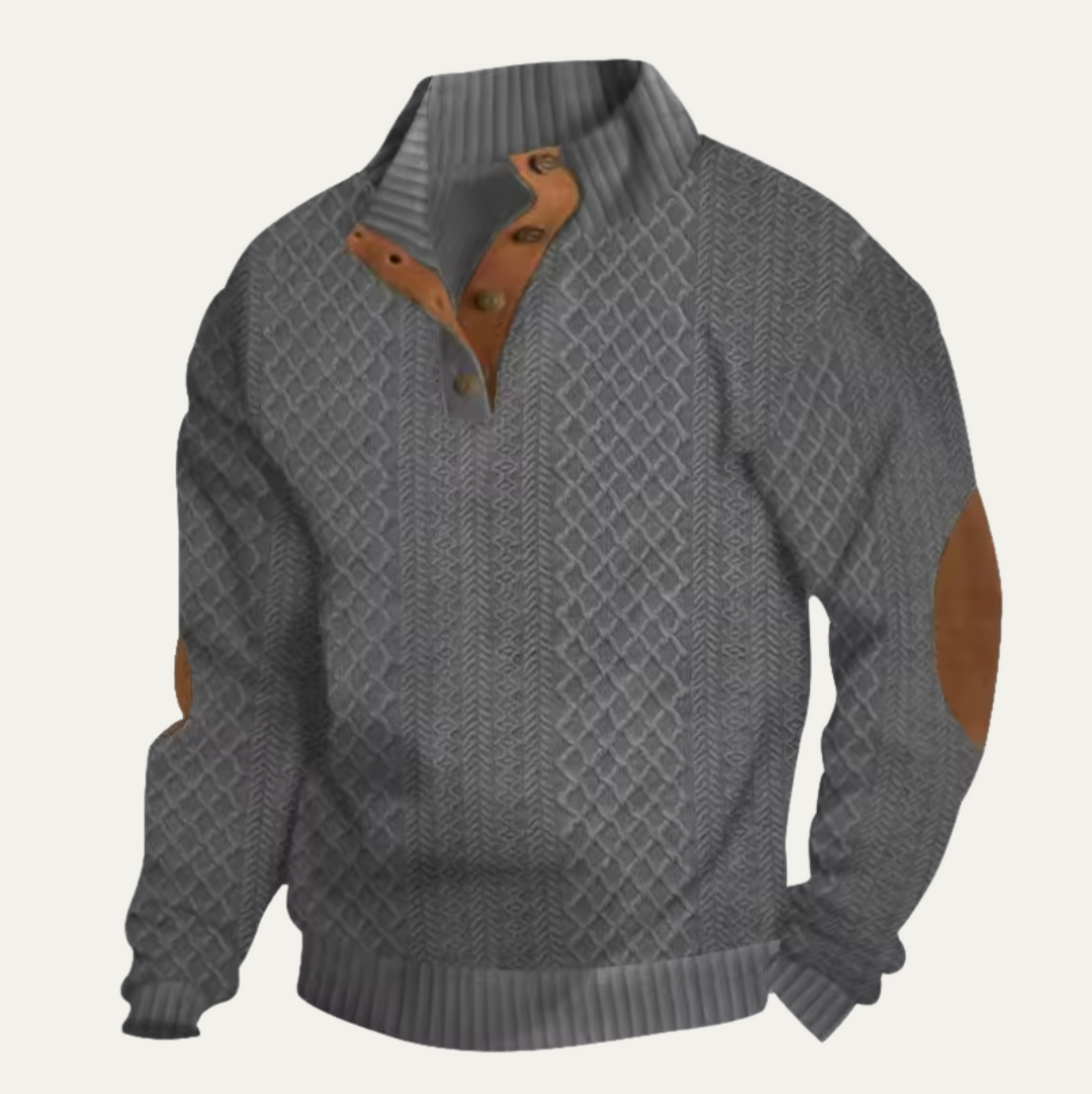 Men's cable-knit cardigan with button-front fastening shown from the front