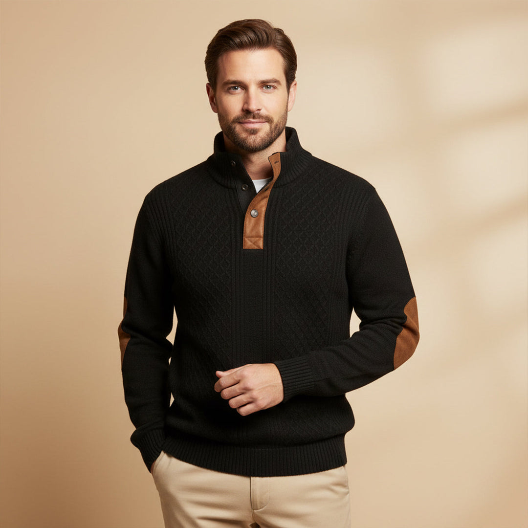 Close-up of the ribbed cuffs and hem on a men's cable-knit cardigan
