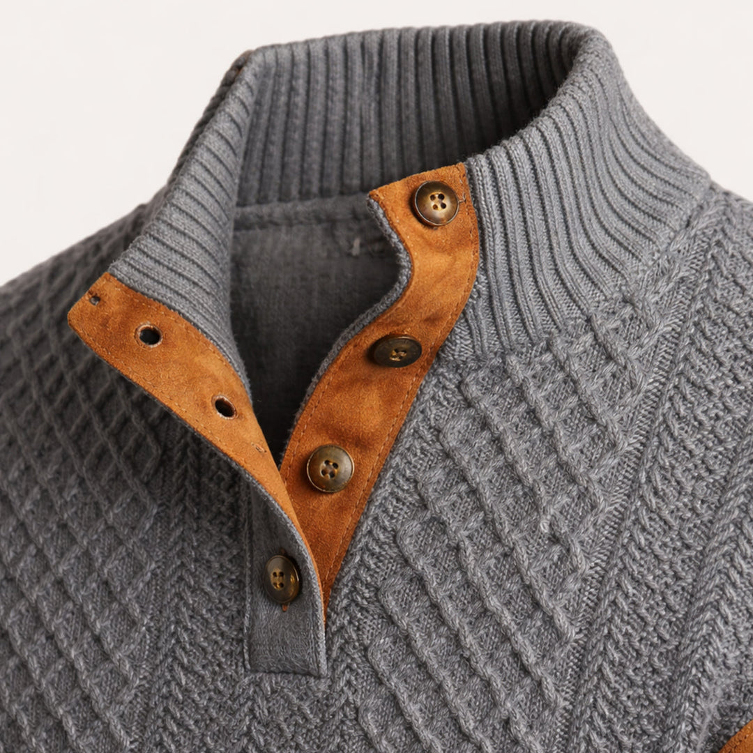 Men's button-front cardigan displaying its classic knitted design
