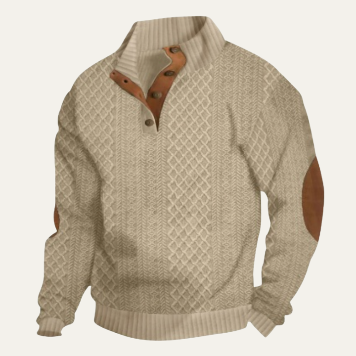 Back view of the men's cardigan showing the full cable-knit texture