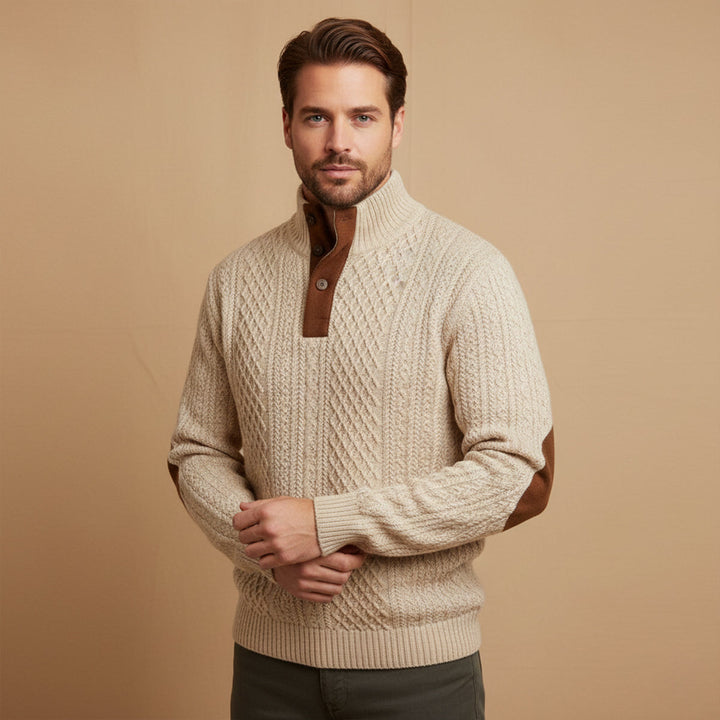 Men's cardigan shown with its button-front fastening and ribbed trim