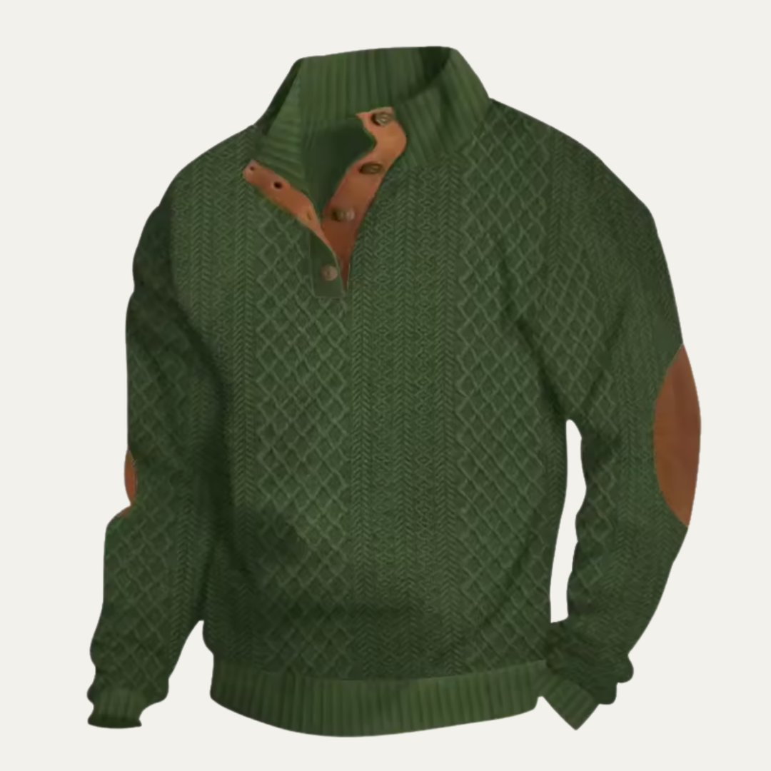 Detail of the buttons and cable-knit texture on the cardigan