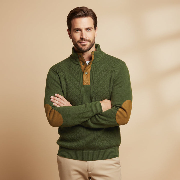 Men's cable-knit cardigan styled as a smart-casual layer