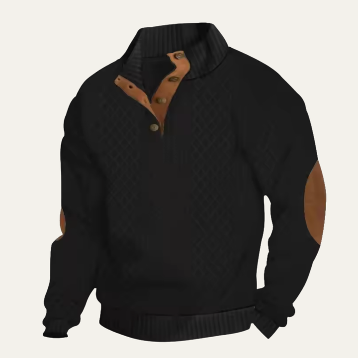 Full-length view of the men's button-front knitted cardigan