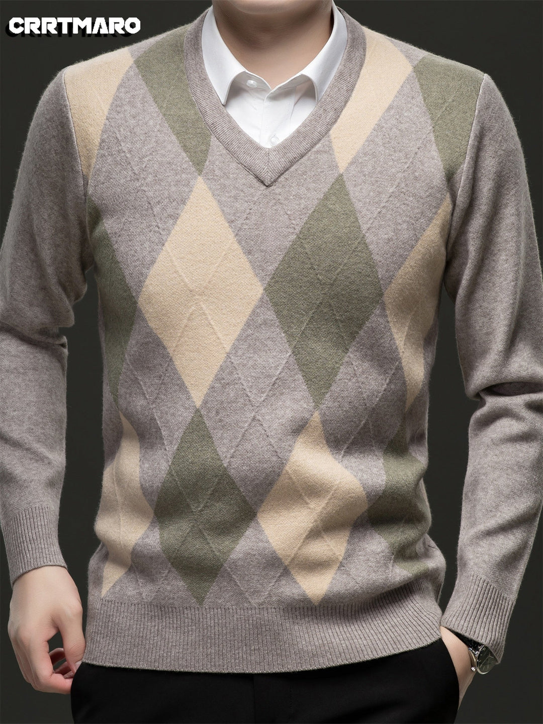 Side view of a men's argyle V-neck knit jumper