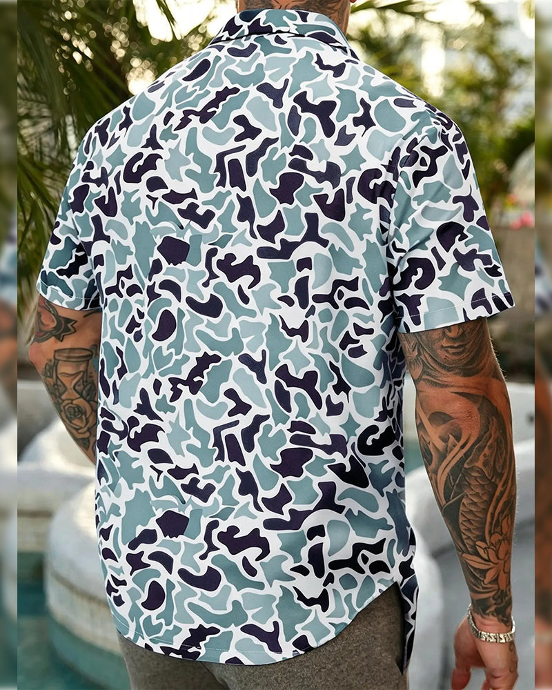 Men's casual camo shirt showing collar and front button detail
