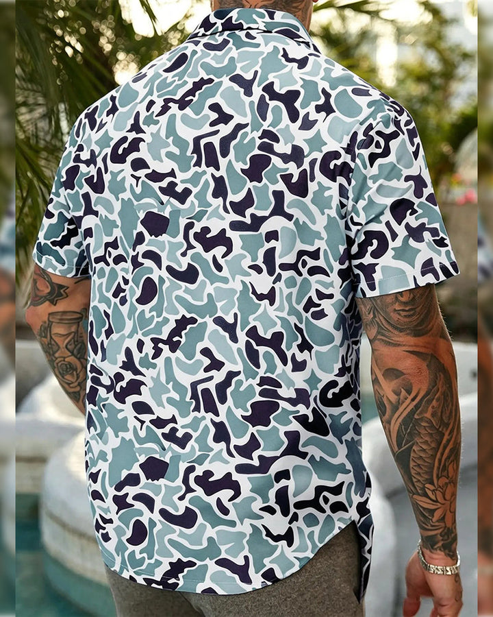 Men's casual camo shirt showing collar and front button detail