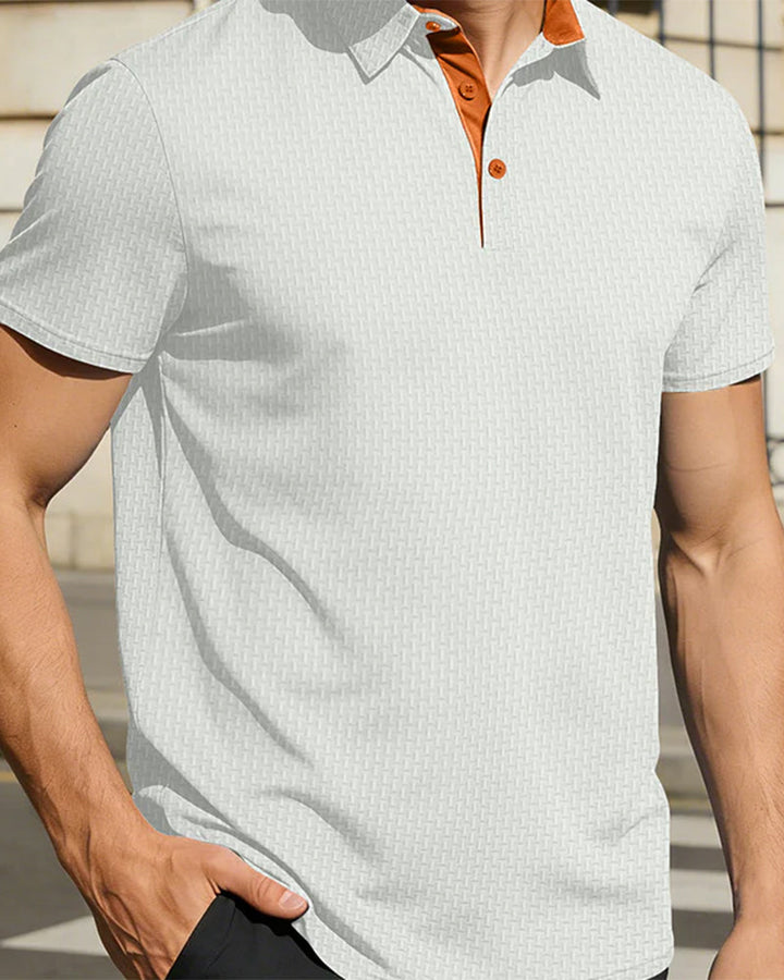 Short sleeve men's polo shirt shown from the back