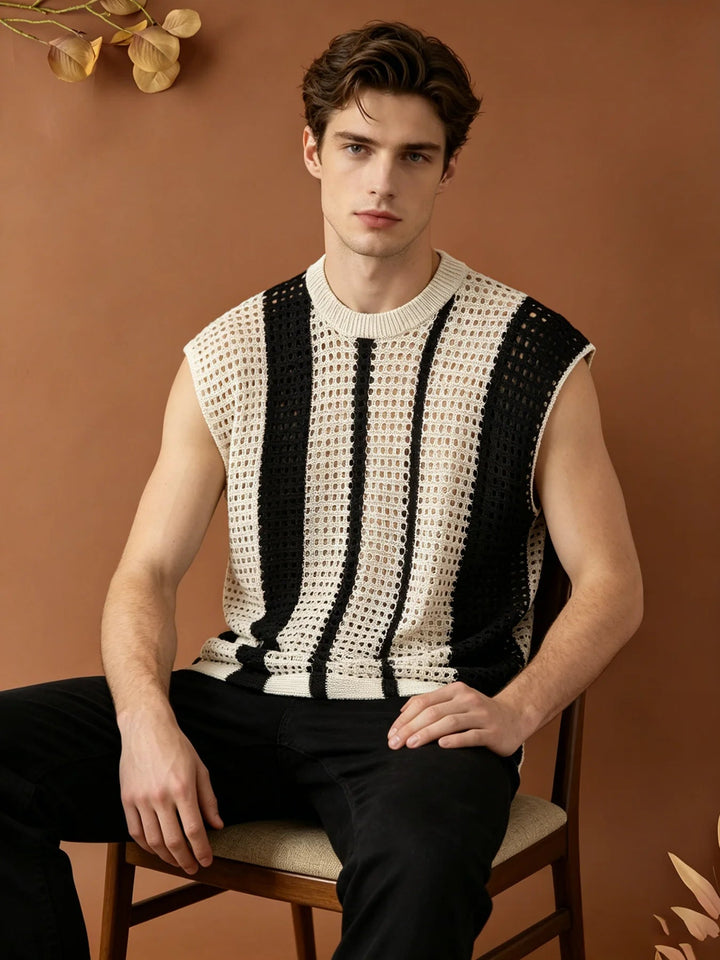 Men's Hollow Out Striped Knit Vest Loose Fit Sleeveless Sweater