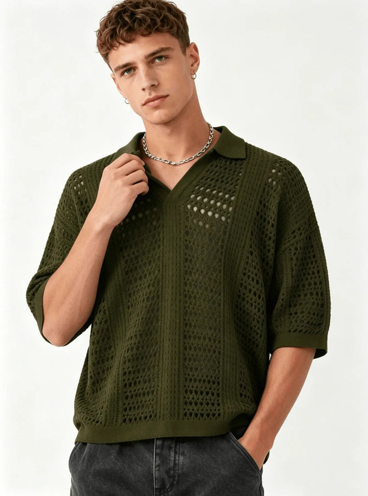 Men's Open-Weave Knit Polo Shirt Lightweight Breathable