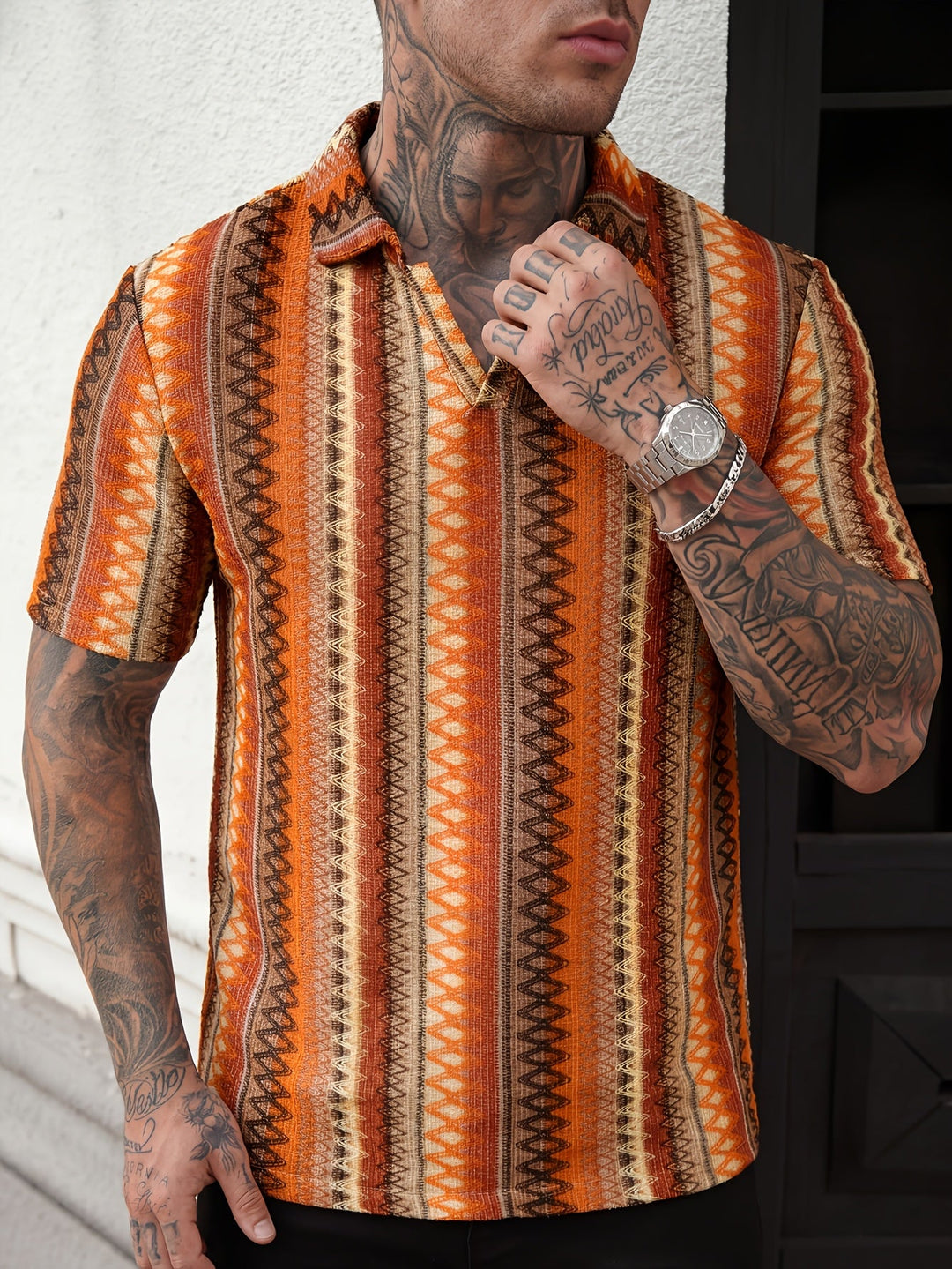 Men's Aztec jacquard polo shirt worn by a model front view