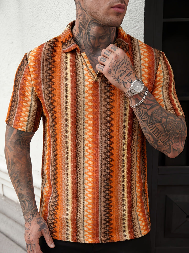 Men's Aztec jacquard polo shirt worn by a model front view