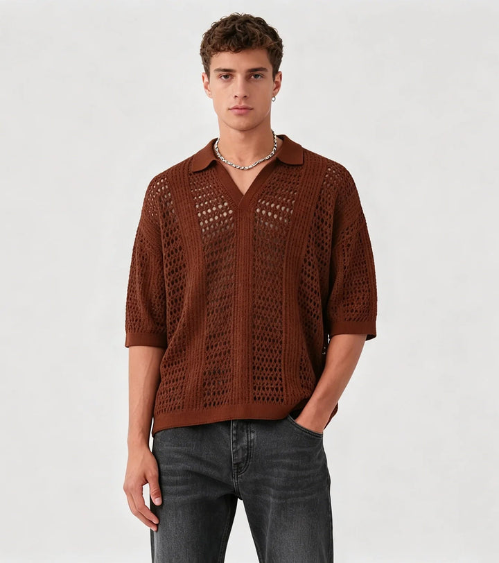Men's Open-Weave Knit Polo Shirt Lightweight Breathable