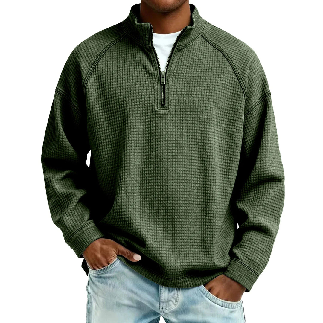 Men Waffle Knit Quarter Zip Pullover Loose Fit Casual Top