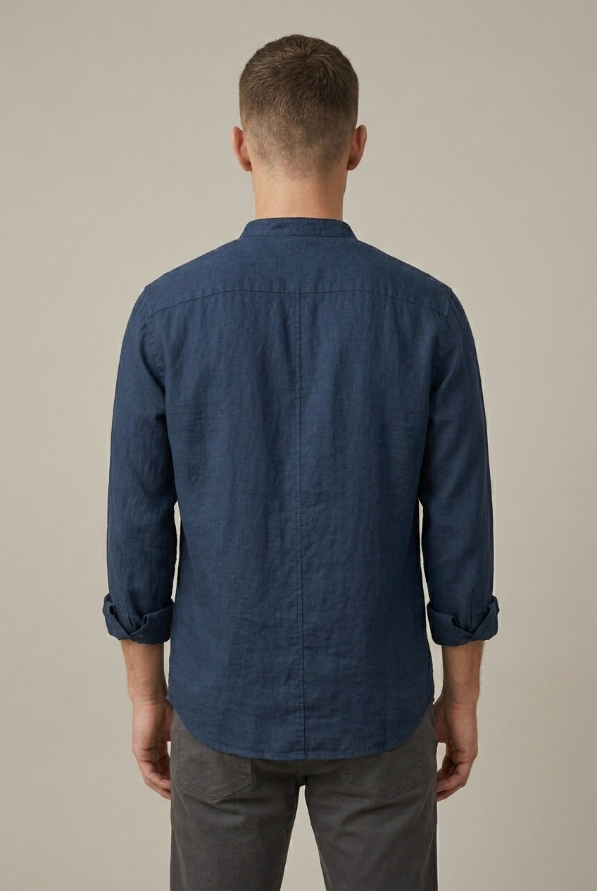 Men's linen blend band collar shirt styled for smart casual wear