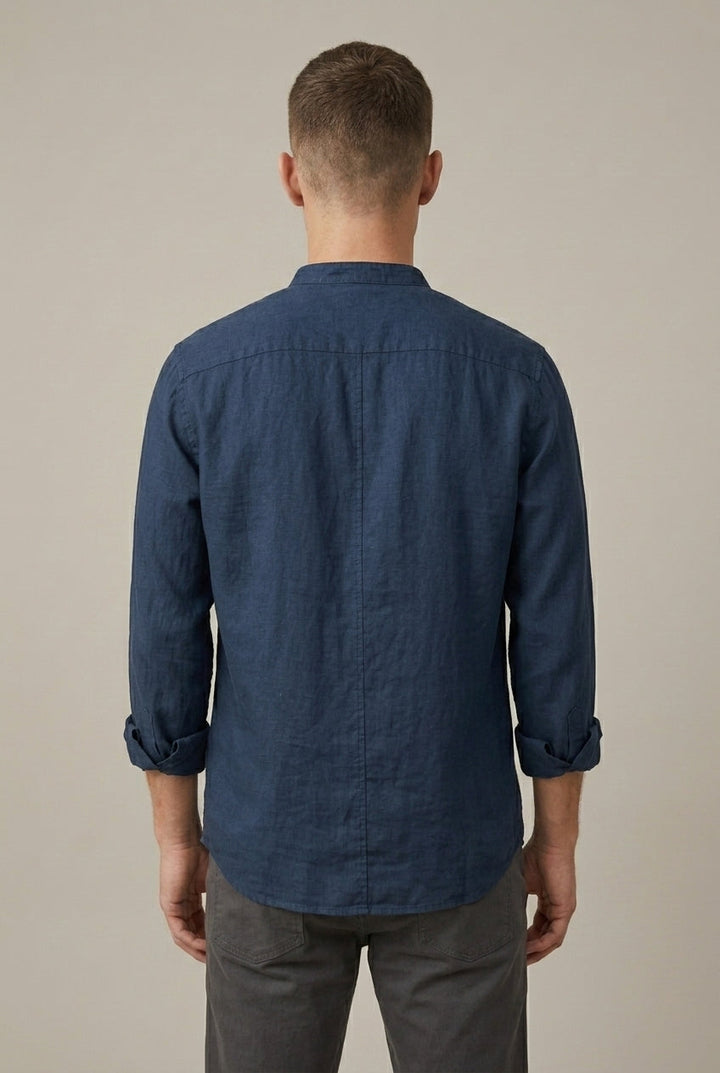 Men's linen blend band collar shirt styled for smart casual wear