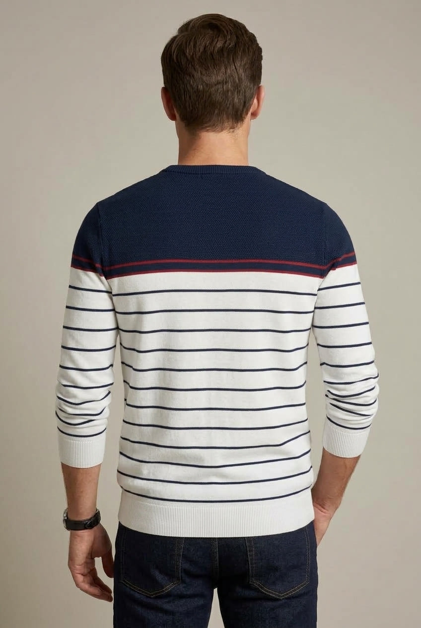 Close-up of the striped knit texture and crew neckline