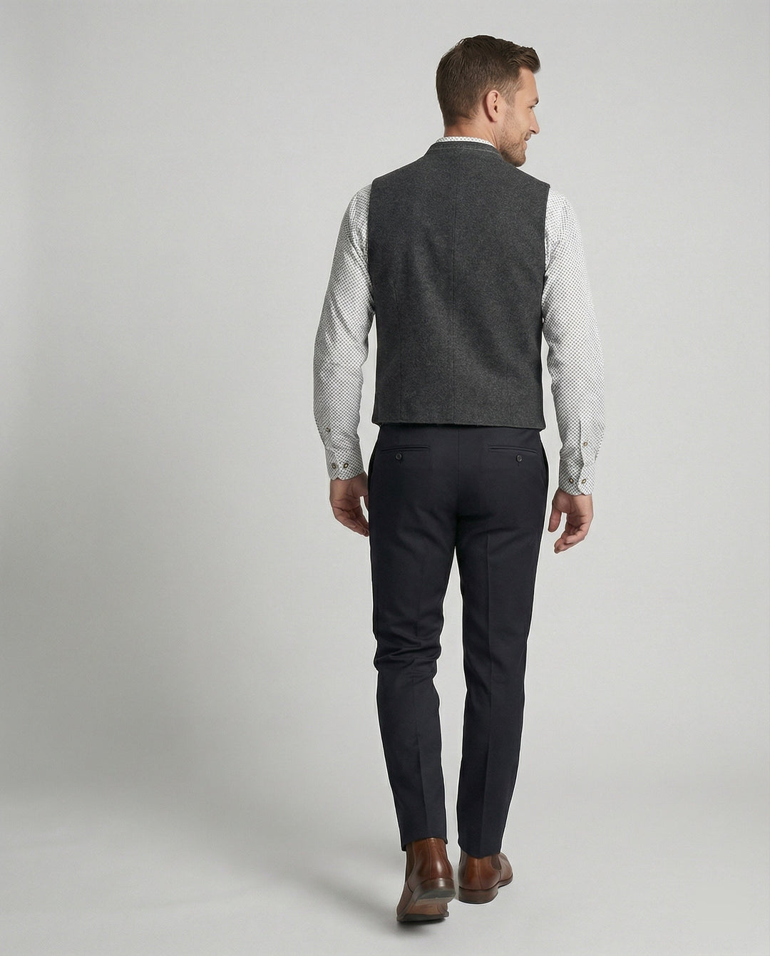 Men's stand collar gilet styled as a layered everyday outfit
