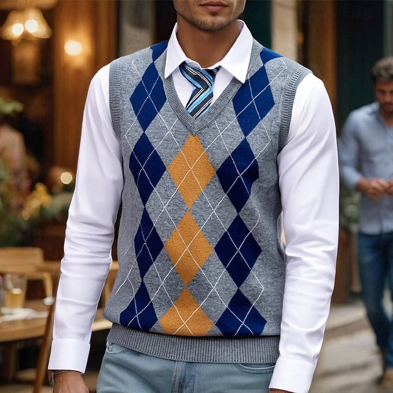 Men's argyle knit sweater vest displayed on a model