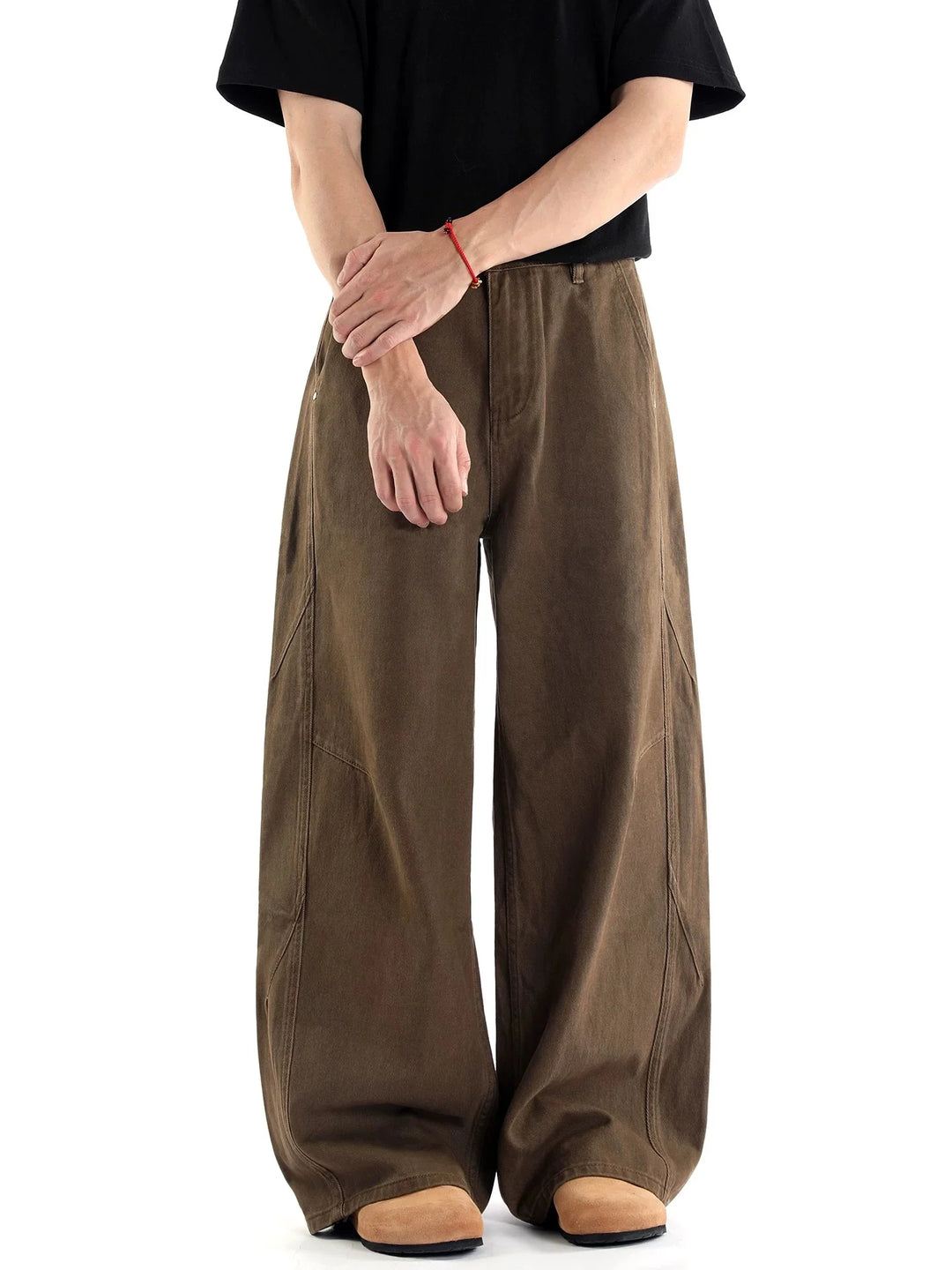 Men's Retro Curved Knife Wide-Leg Denim Pants Khaki Brown