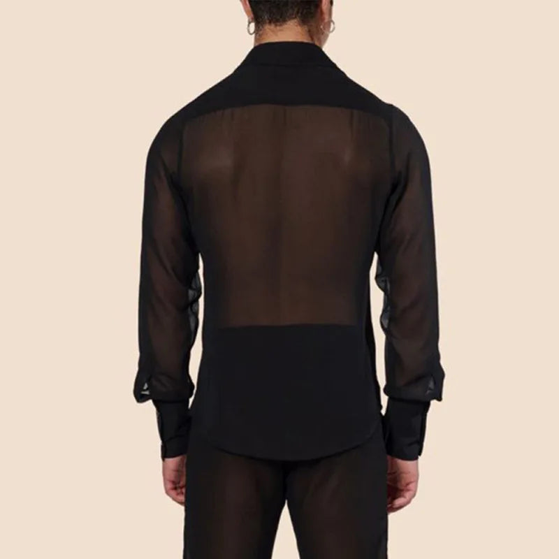 Men's Slim Fit Mesh Long Sleeve Button-Down Shirt Black
