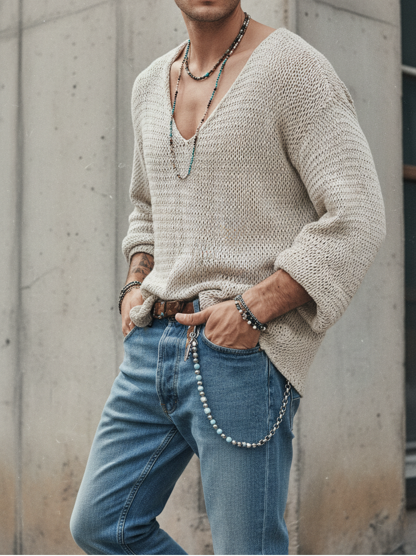 Close-up of the V-neckline and knit texture on the men's pullover