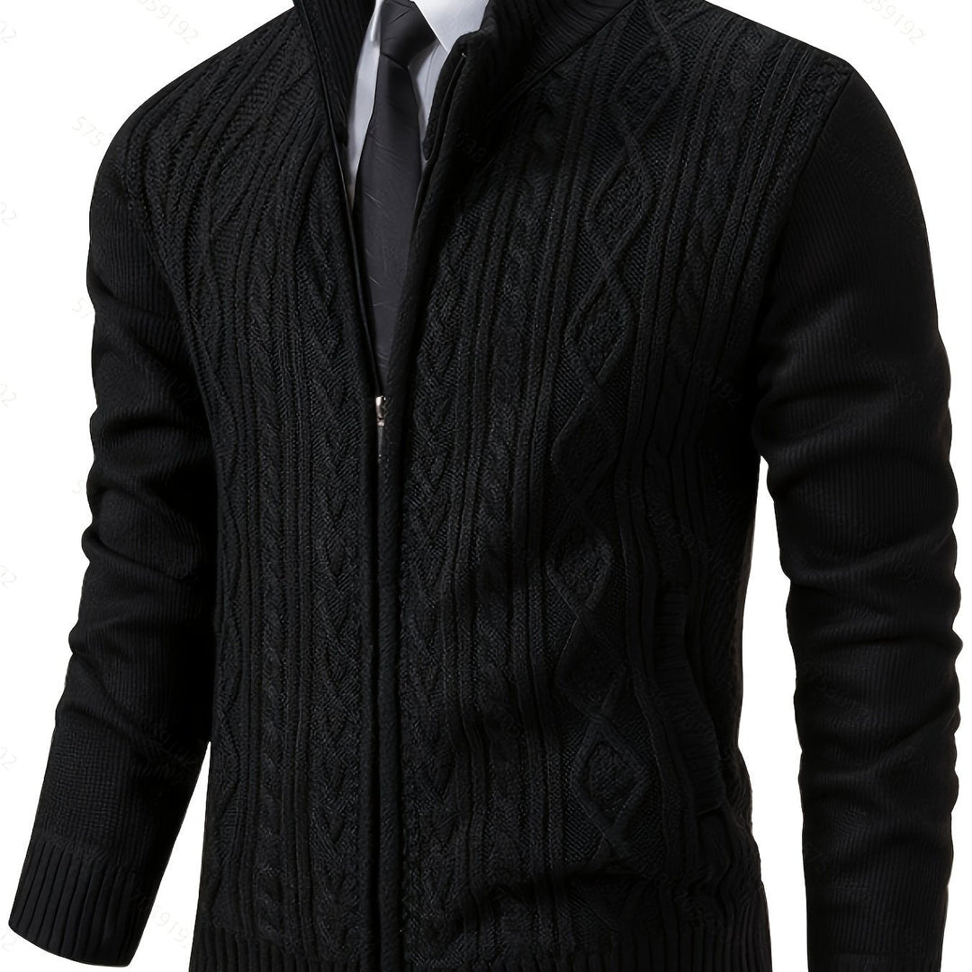 Men's textured knit cardigan with a stand collar shown from the front