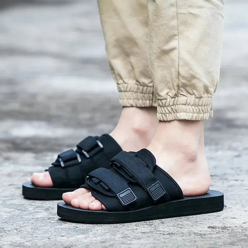 Canvas Slip-On Hook And Loop Outdoor Slippers Black Unisex
