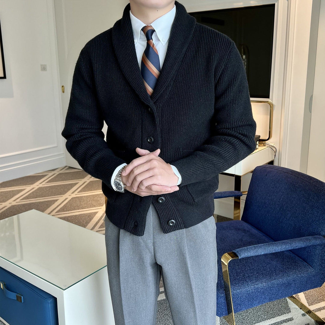 Men's slim-fit cardigan styled as a warm everyday layer