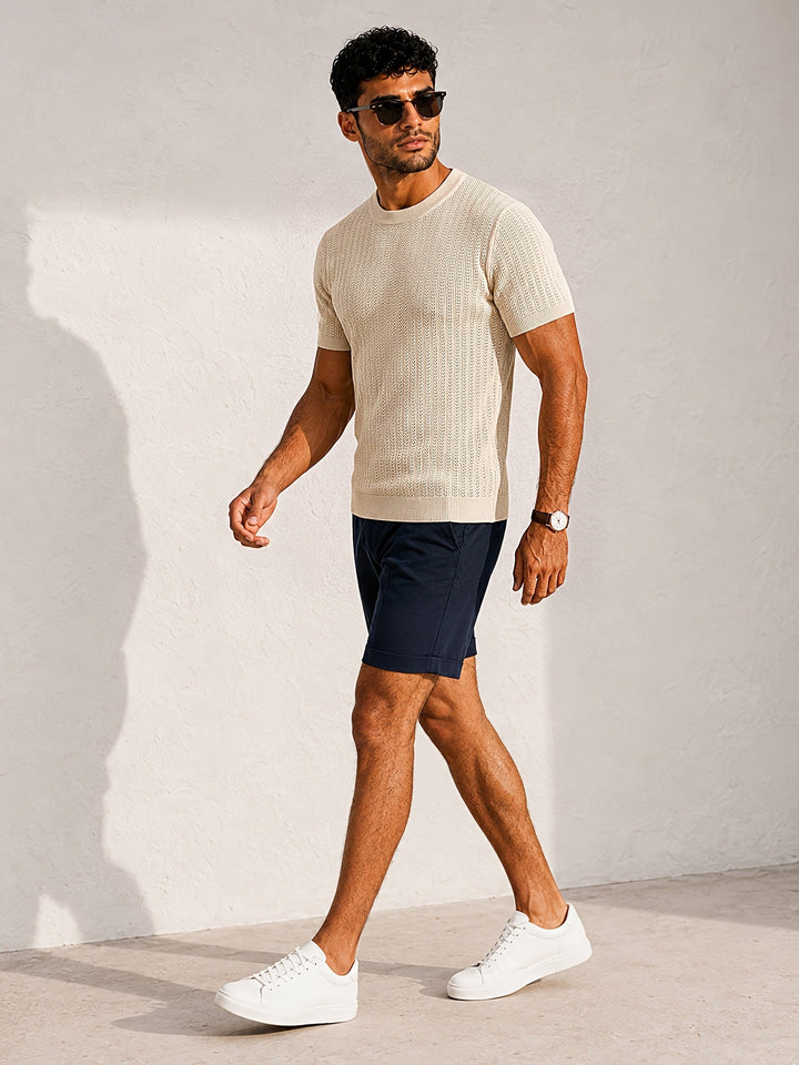 Model wearing men's textured knit T-shirt back view