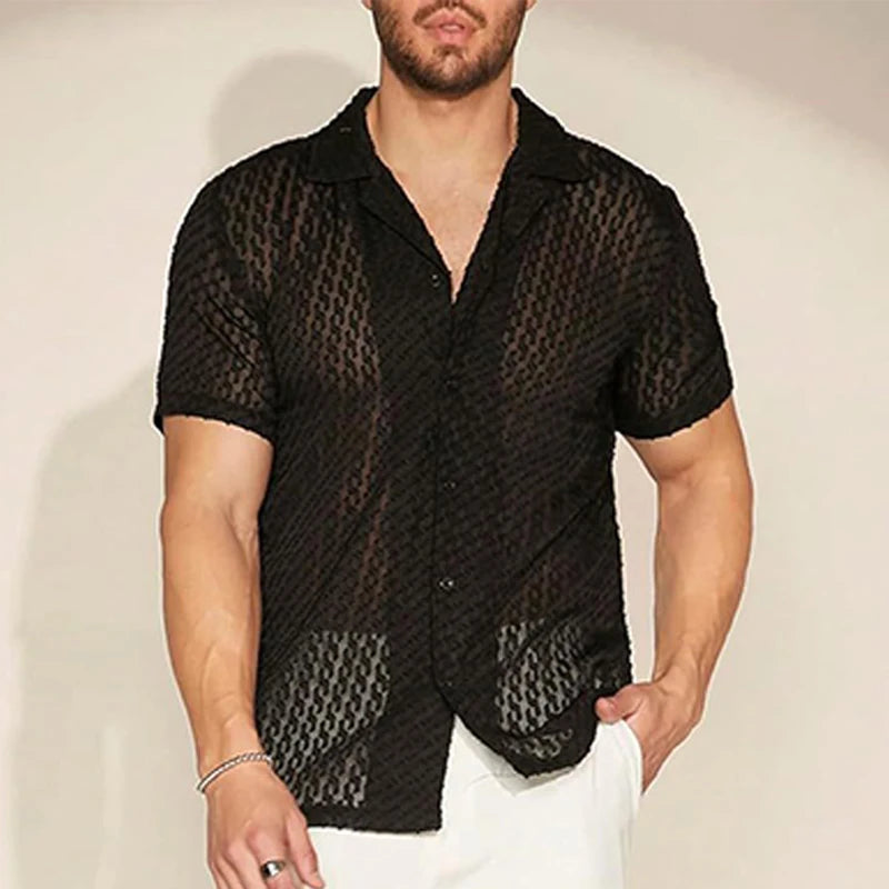 Men's Mesh Lace Short-Sleeve Button-Down Shirt Black Slim Fit