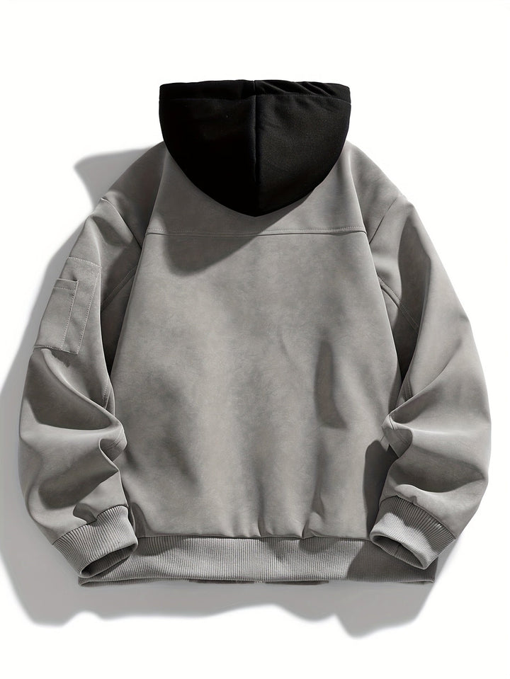Detail view of the hood on a men's sporty jacket
